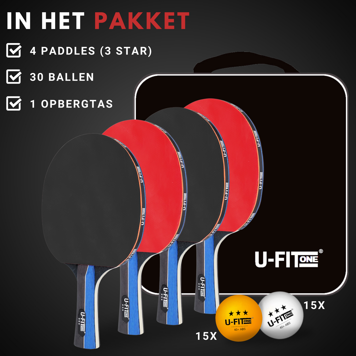 Premium Tafeltennis Set 4 Stuks 3 Star + 30ballen