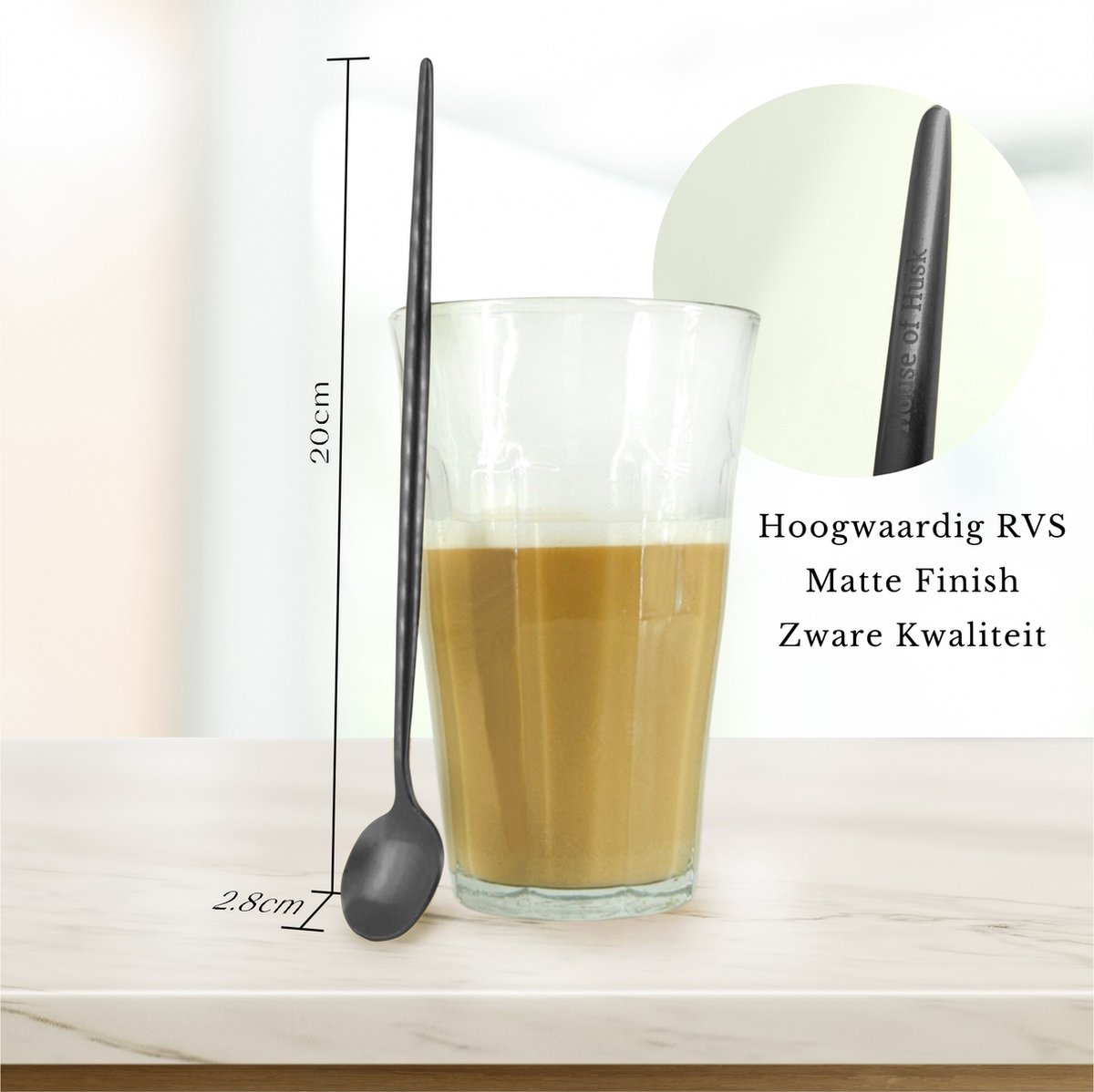 Latte Macchiato Lepel 20cm Mat Zwart 6 Stuks