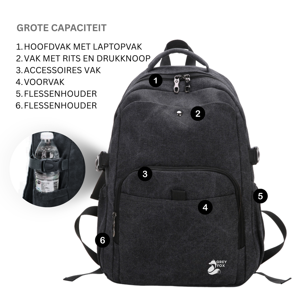 Canvas Laptop Rugzak 15.6inch 24L Zwart