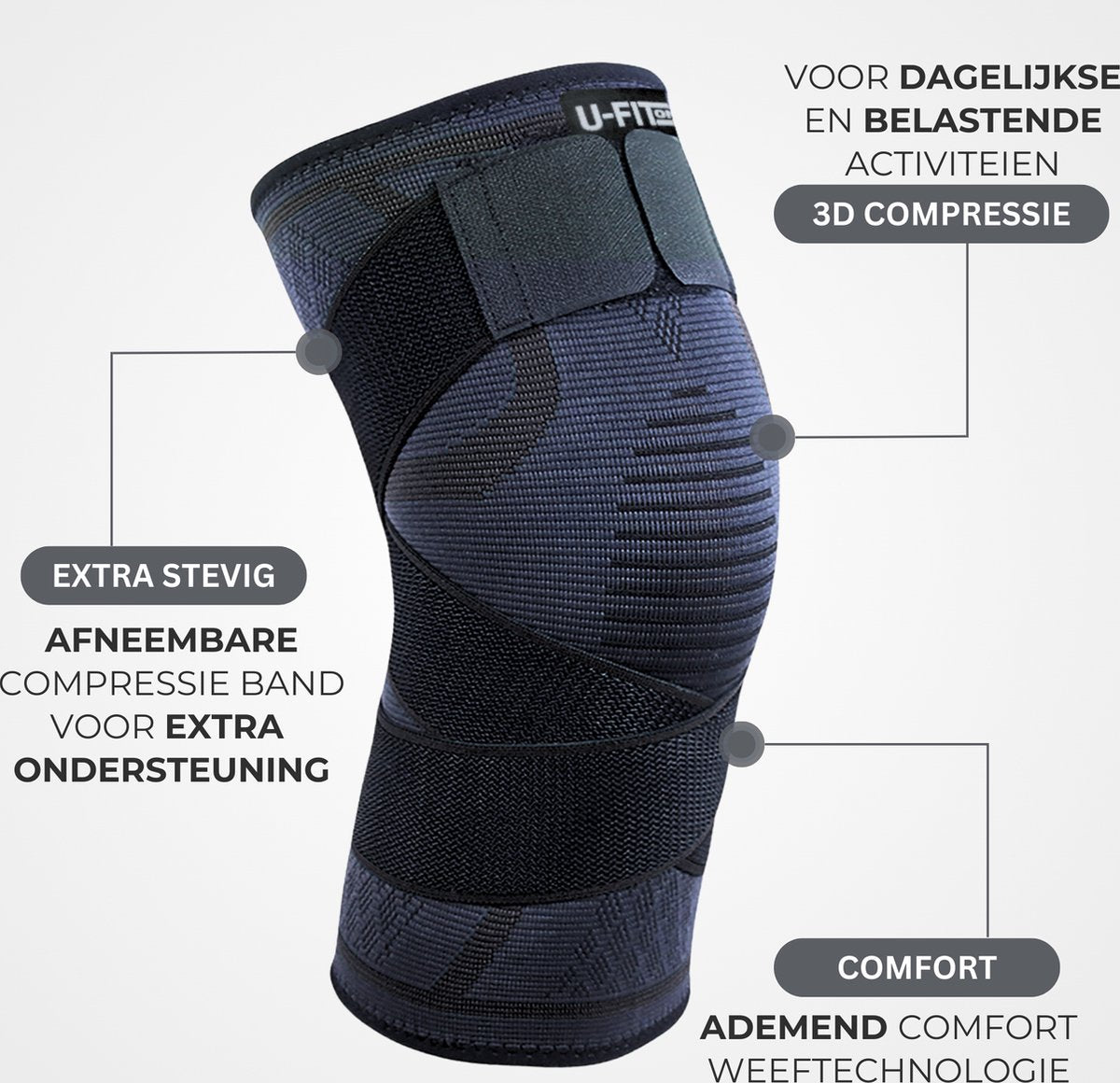 3D Compressie Kniebrace met Band Navy 1 Paar