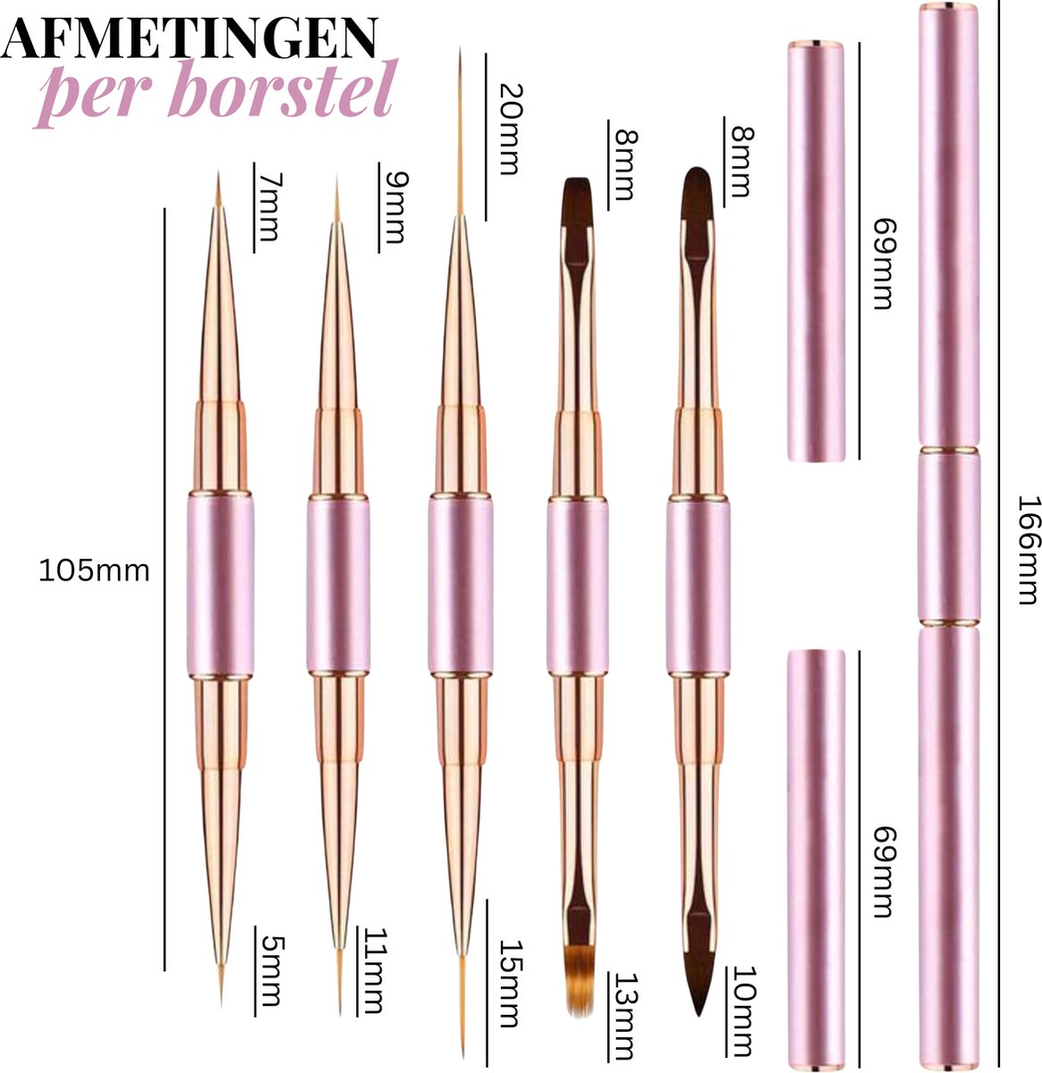 5-delige Dubbelzijdige Nail Art Penselen Roze