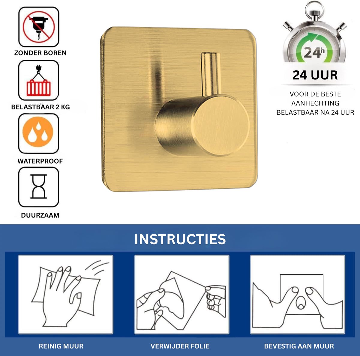 RVS Wandhaak 8 Stuks Goud