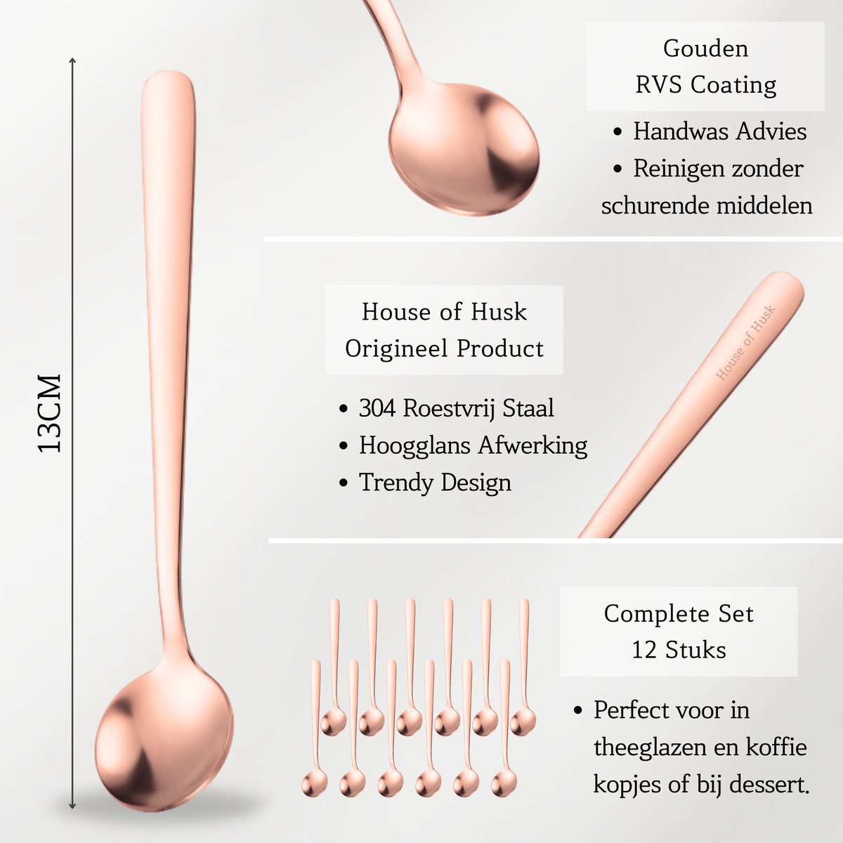 Koffielepels 13cm Rose Goud 12 Stuks