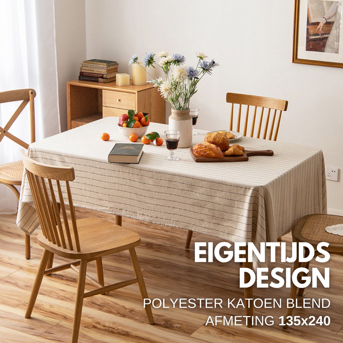 Tafelkleed Creme Gestreept 135x240cm