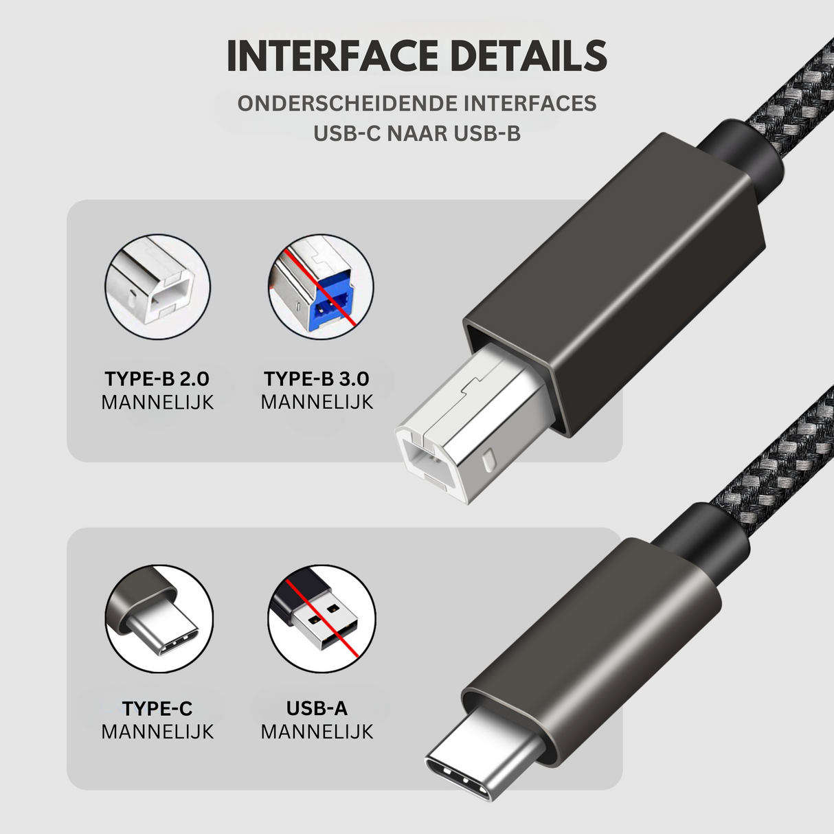 Printerkabel USB C naar USB B 2 Meter