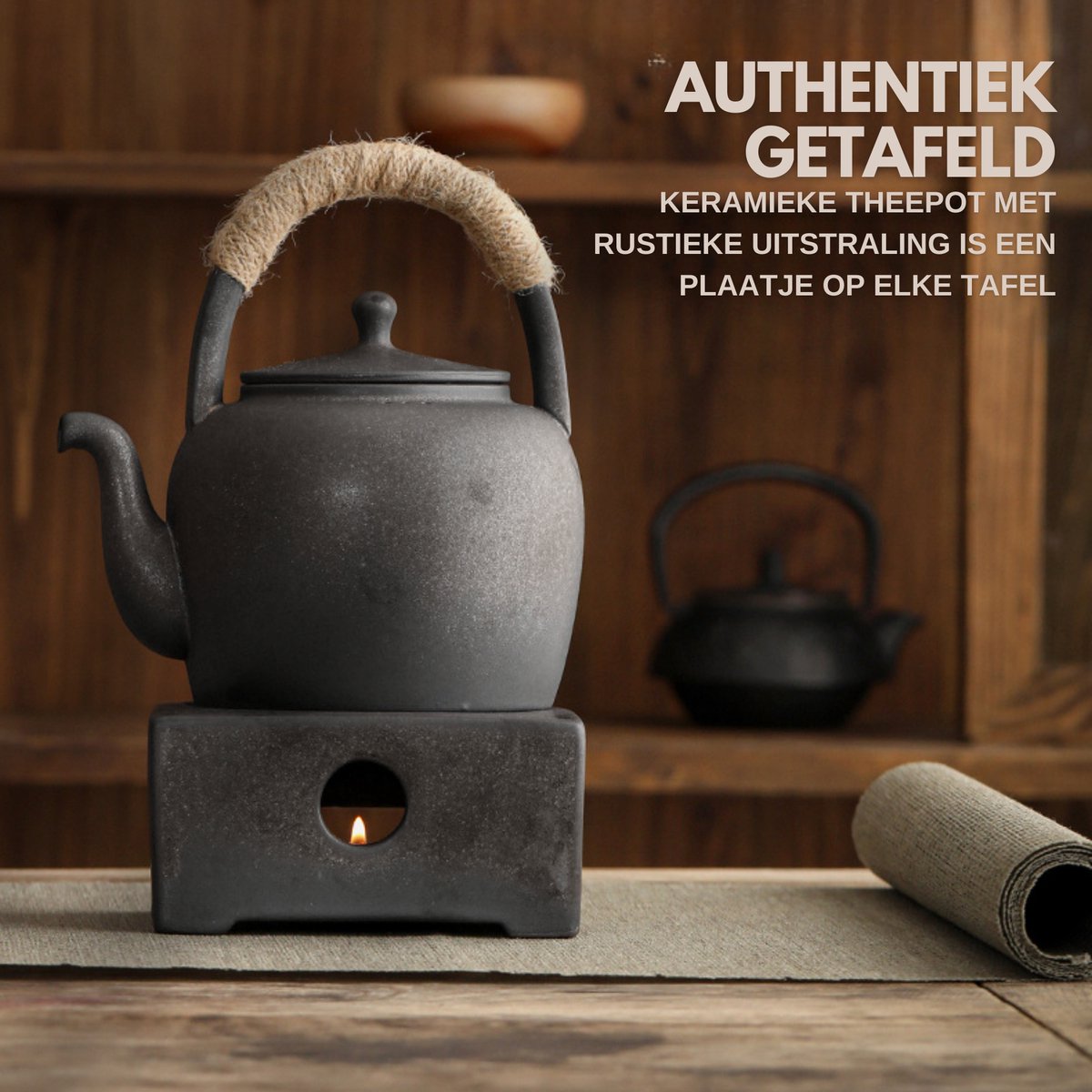 Keramieke Theepot met Theelicht Houder Zwart