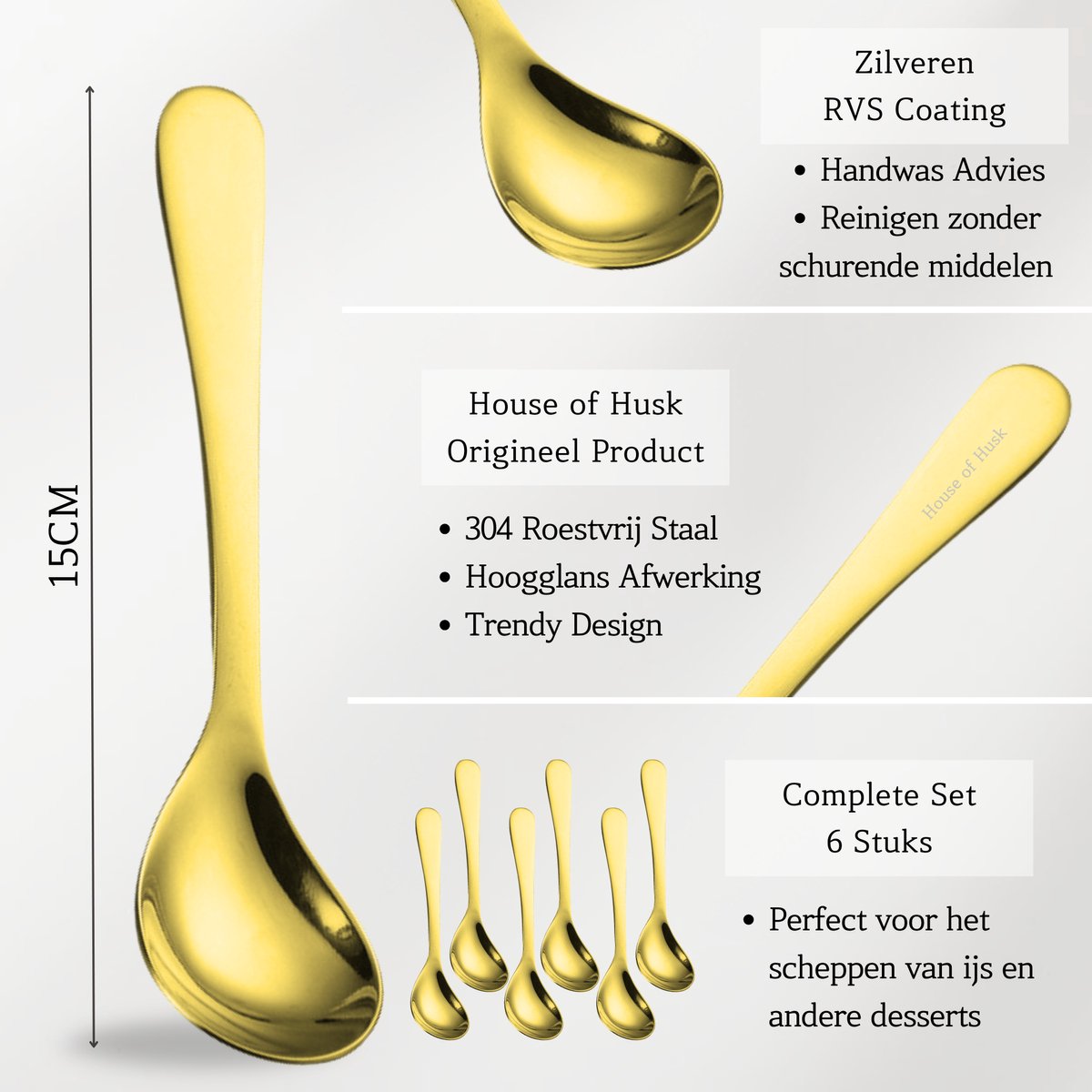Korte IJslepels 15cm Goud