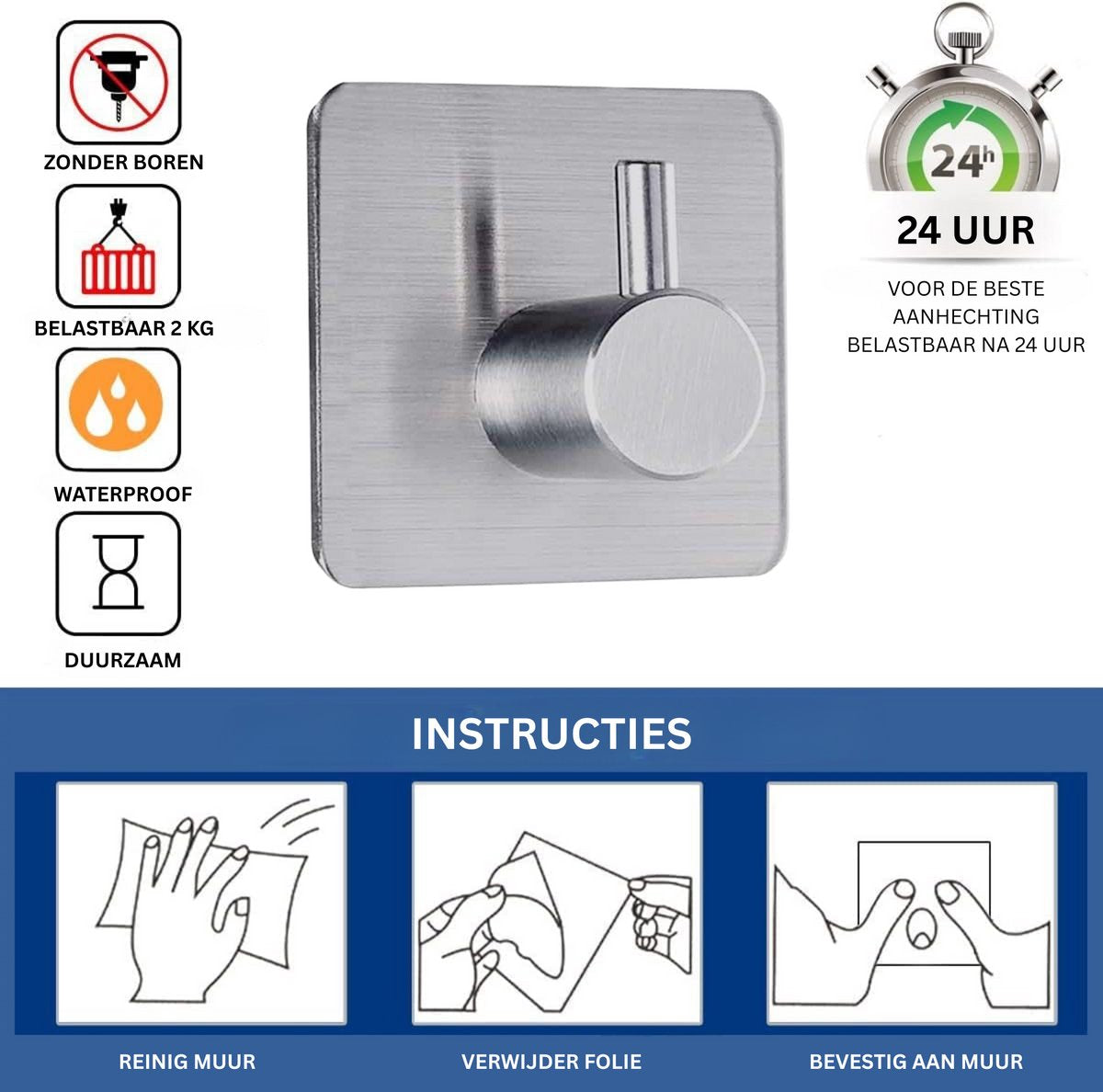 RVS Wandhaak 8 Stuks Zilver