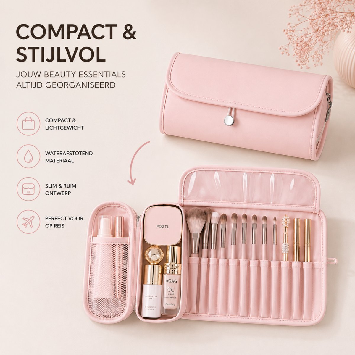 Make Up Tas met Borstelhouder Roze