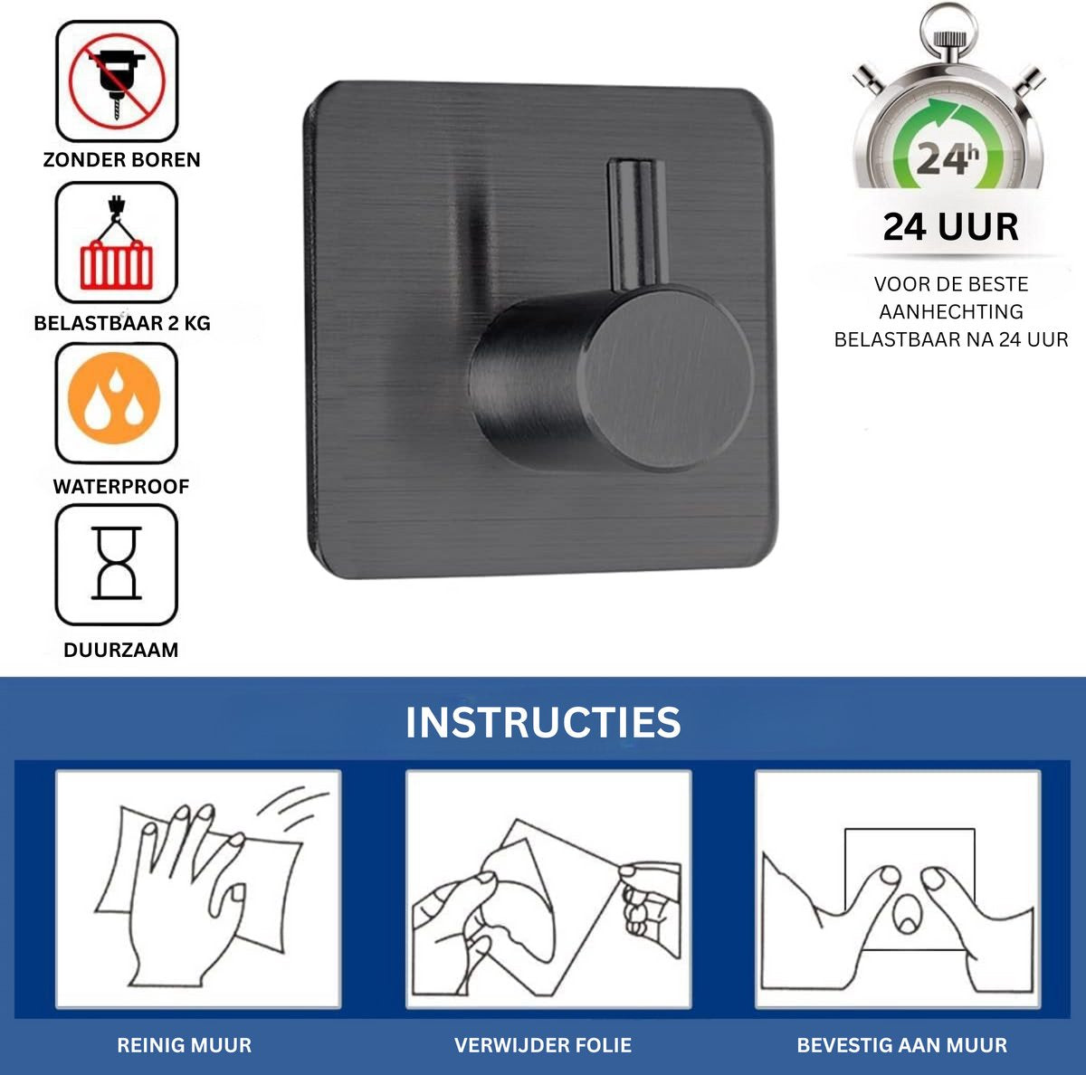 RVS Wandhaak 8 Stuks Zwart