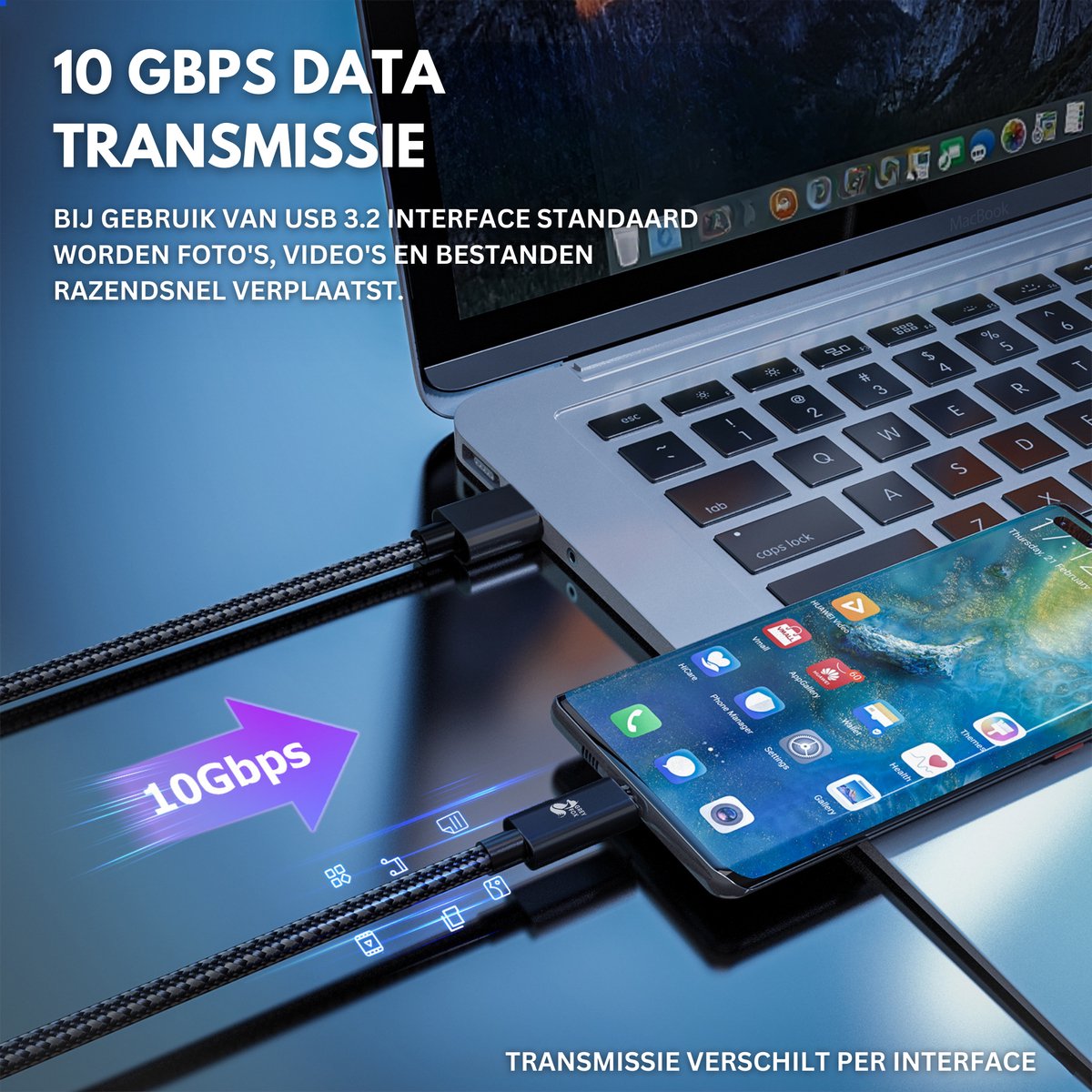 10Gbps USB-A naar USB-C Oplaadkabels 2 Stuks