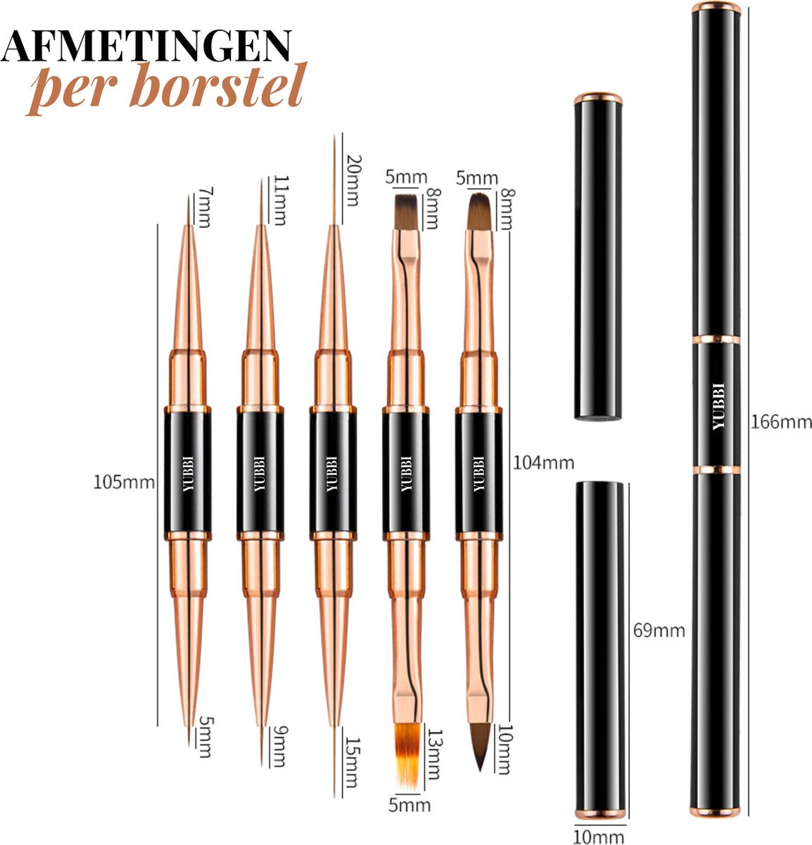 5-delige Dubbelzijdige Nail Art Penselen Zwart