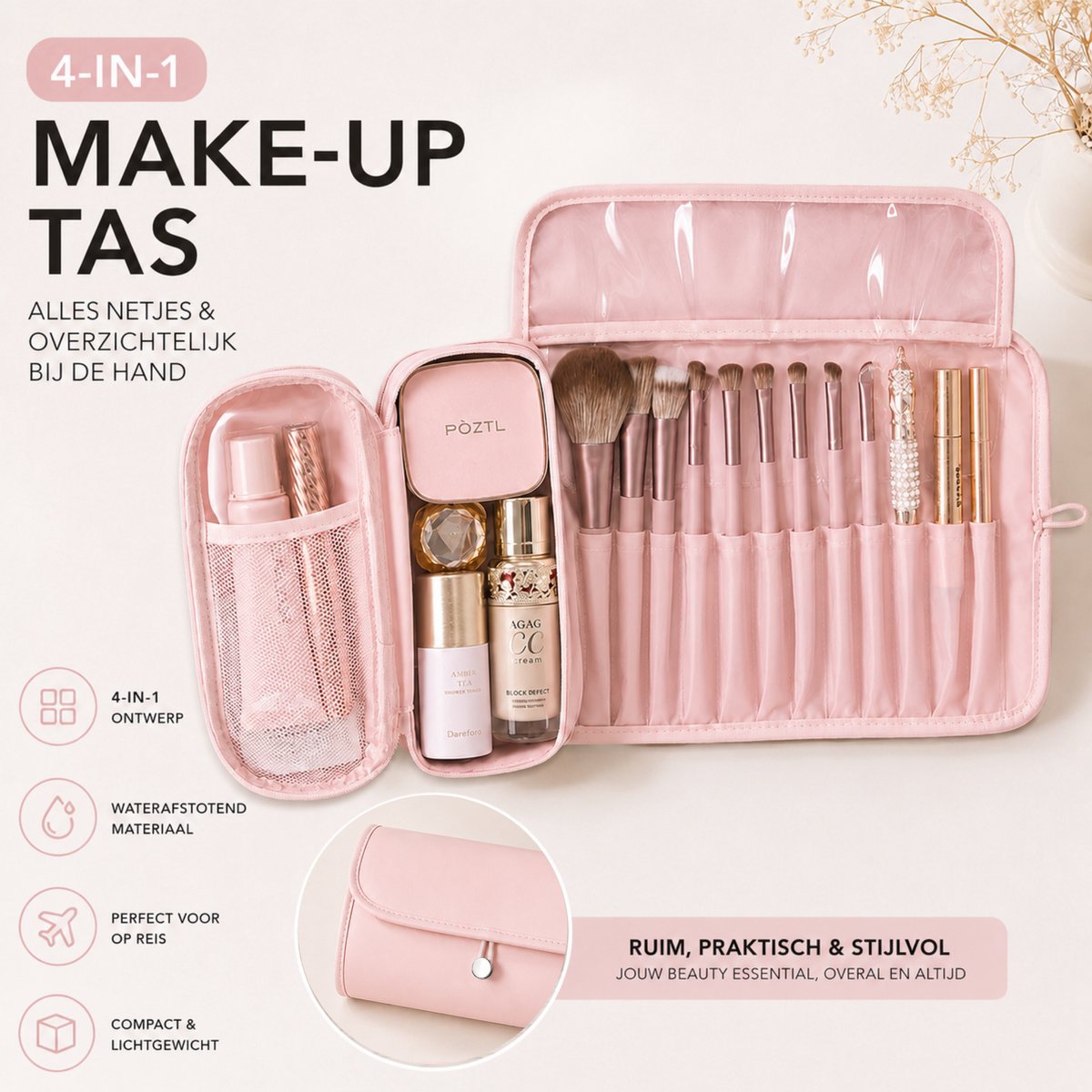 Make Up Tas met Borstelhouder Roze