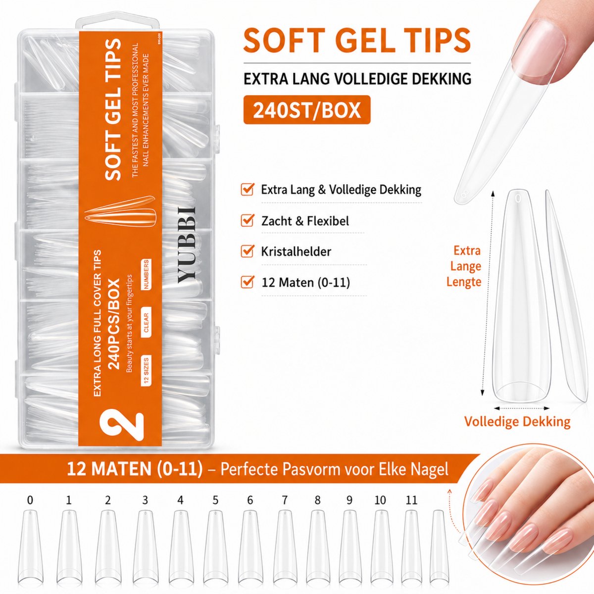 Extra Lange Soft Gel Tips 240 Stuks 'Full Cover'