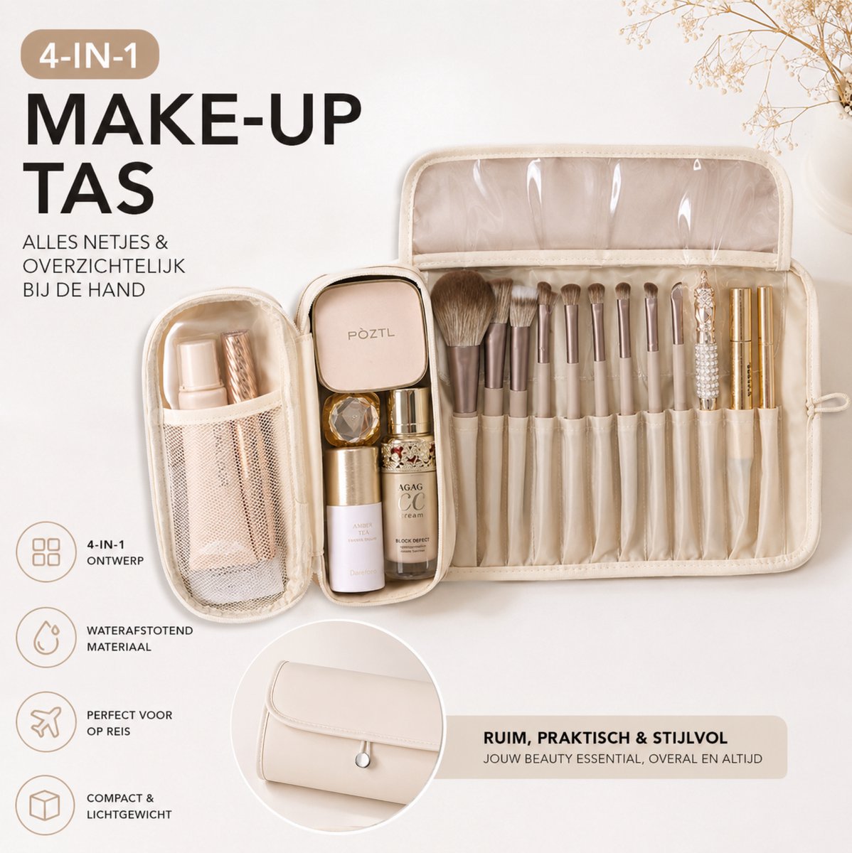 Make Up Tas met Borstelhouder Wit