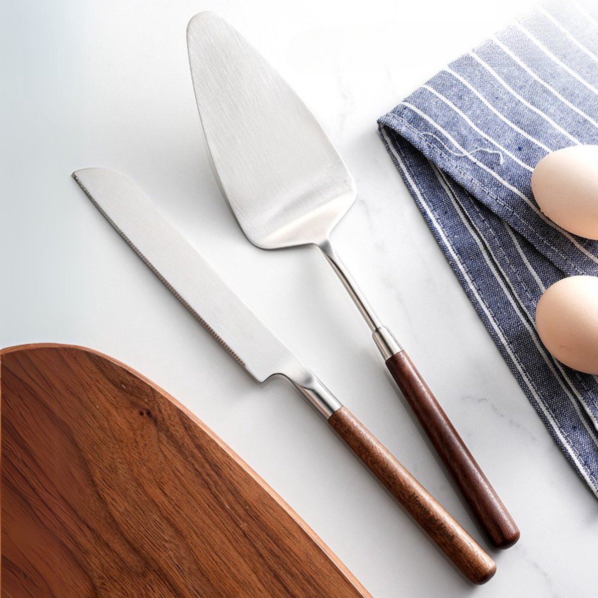 Taartmes en Taartschep Set Walnoot Hout