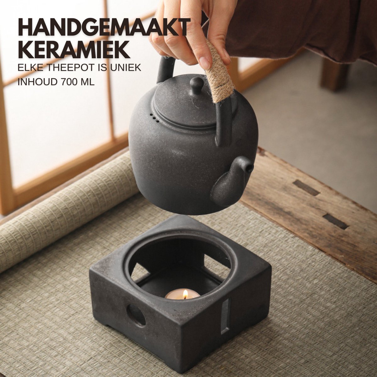 Keramieke Theepot met Theelicht Houder Zwart