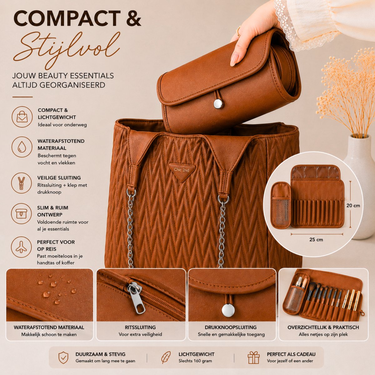 Make Up Tas met Borstelhouder Bruin
