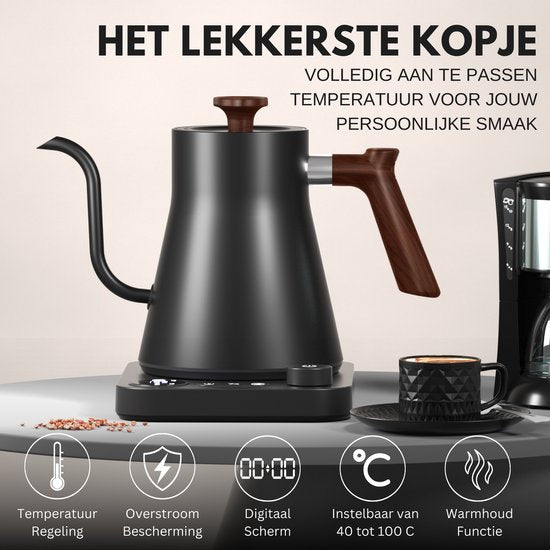 Gooseneck Waterkoker Wood Zwart