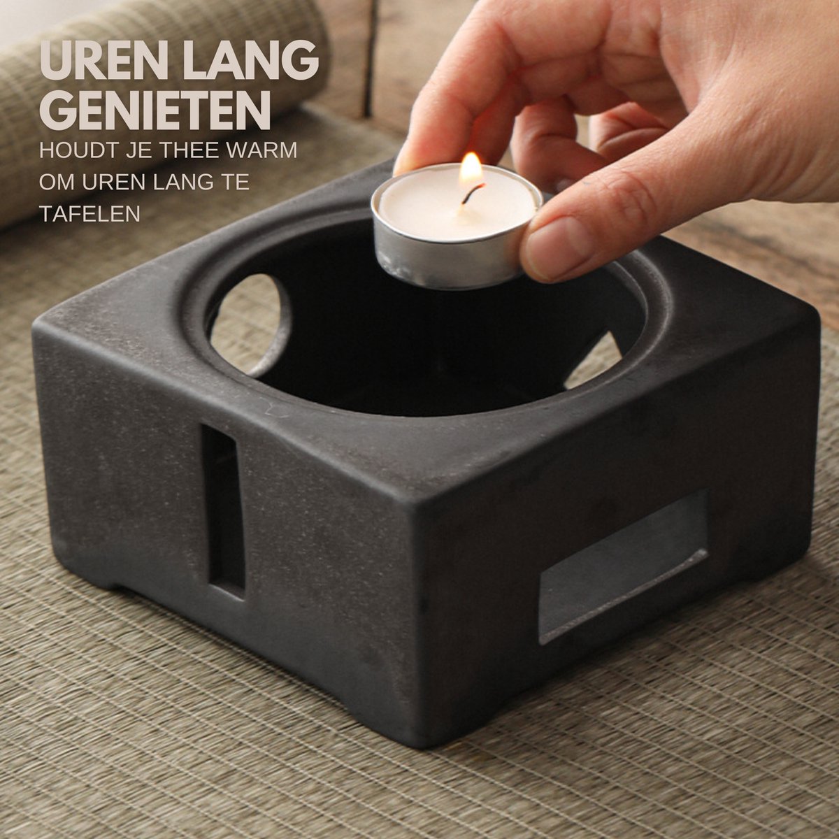 Keramieke Theepot met Theelicht Houder Zwart