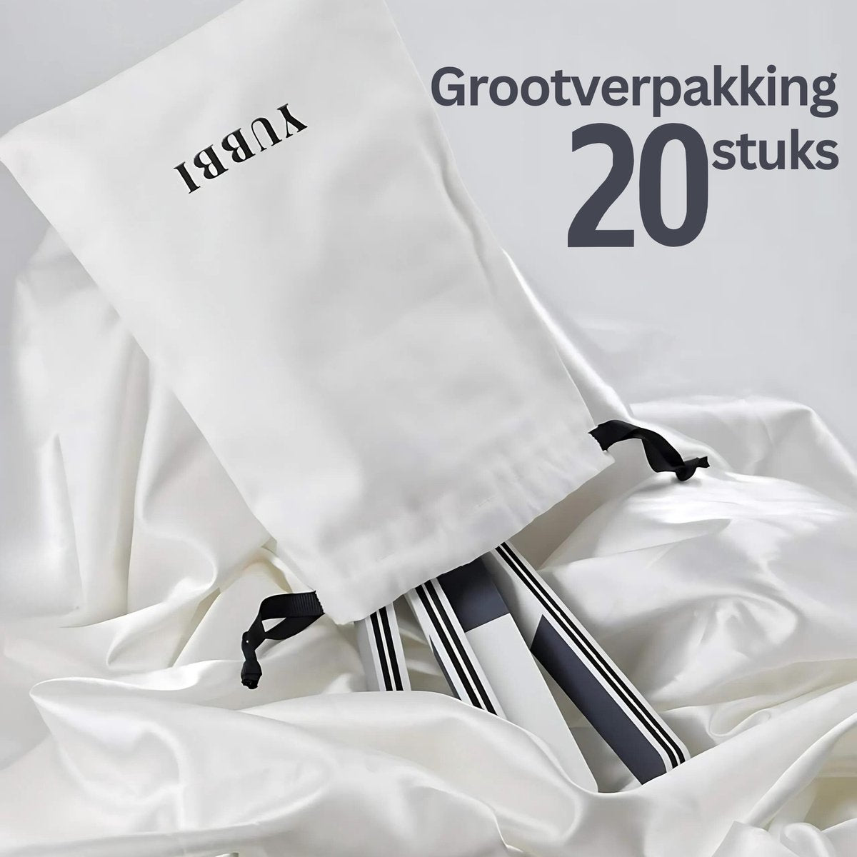 White drawstring bags with black text on a white background