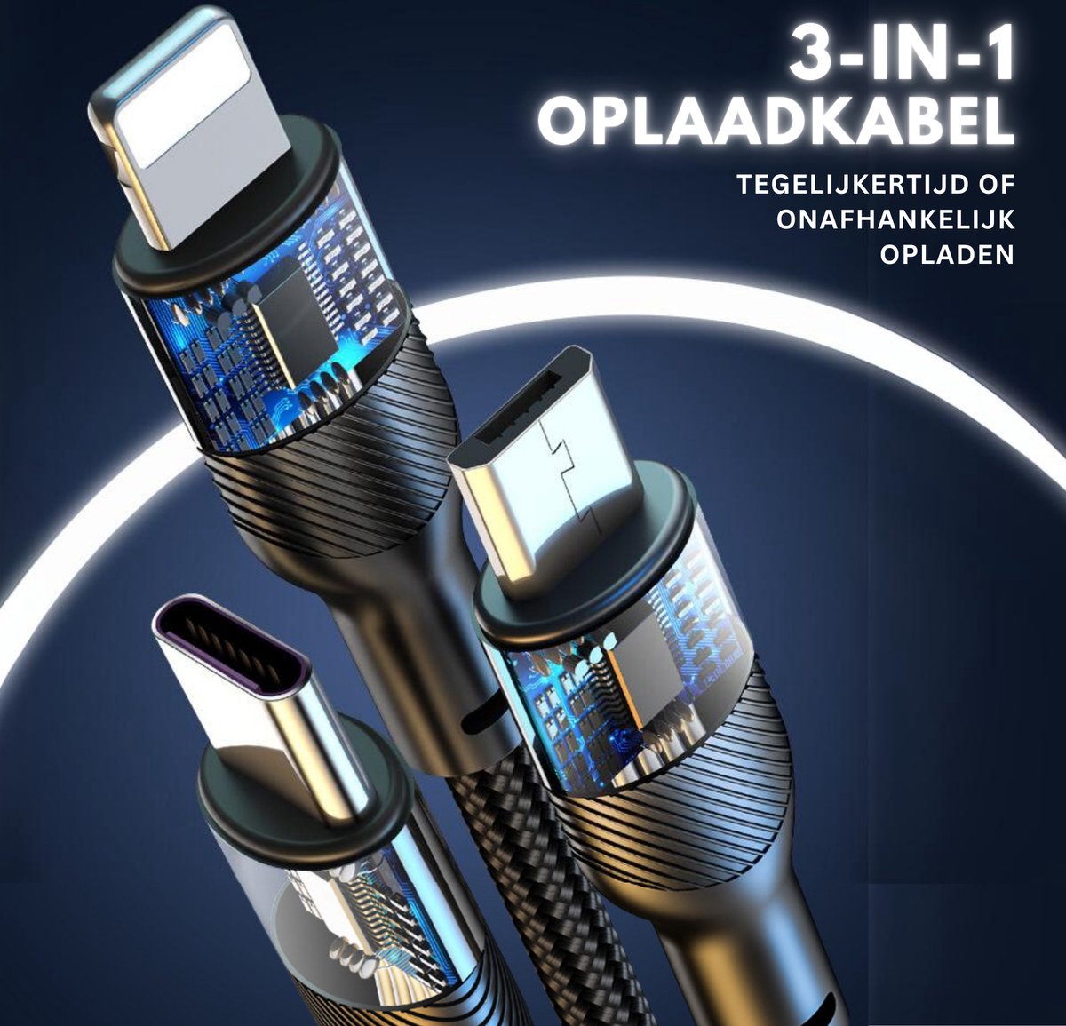3-in-1 USB Oplaadkabel USB A naar C Micro en IP