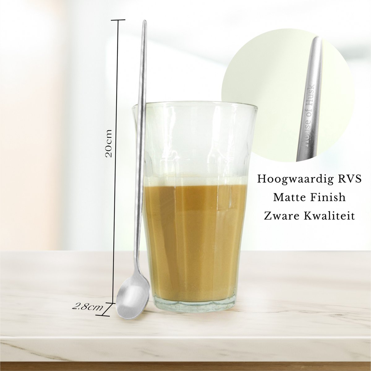 Latte Macchiato Lepel 20cm Mat Zilver 6 Stuks