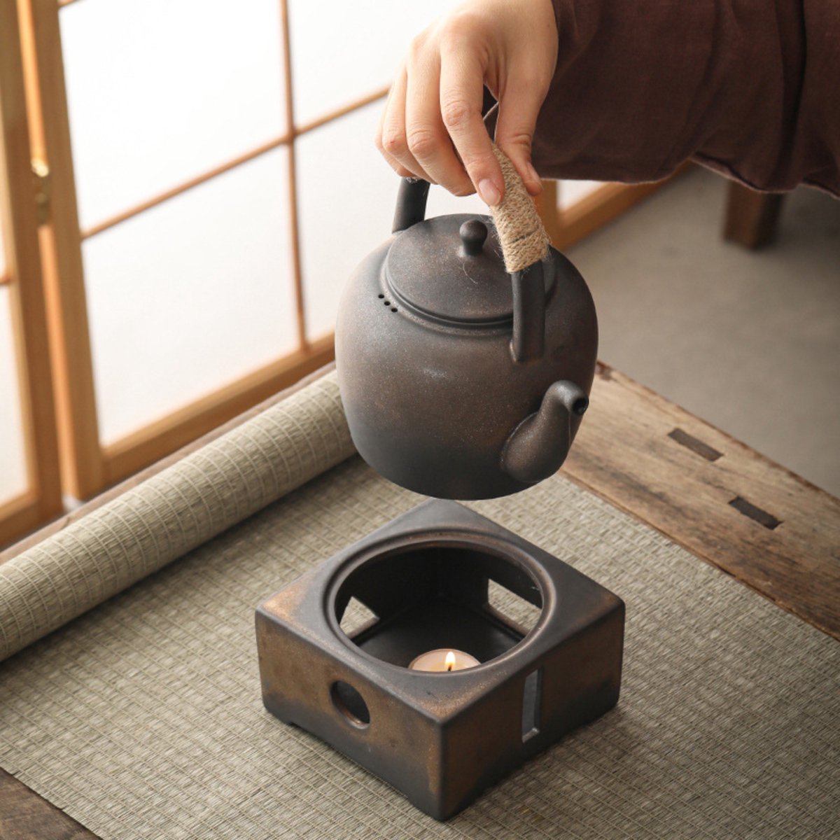 Keramieke Theepot met Theelicht Houder Bruin