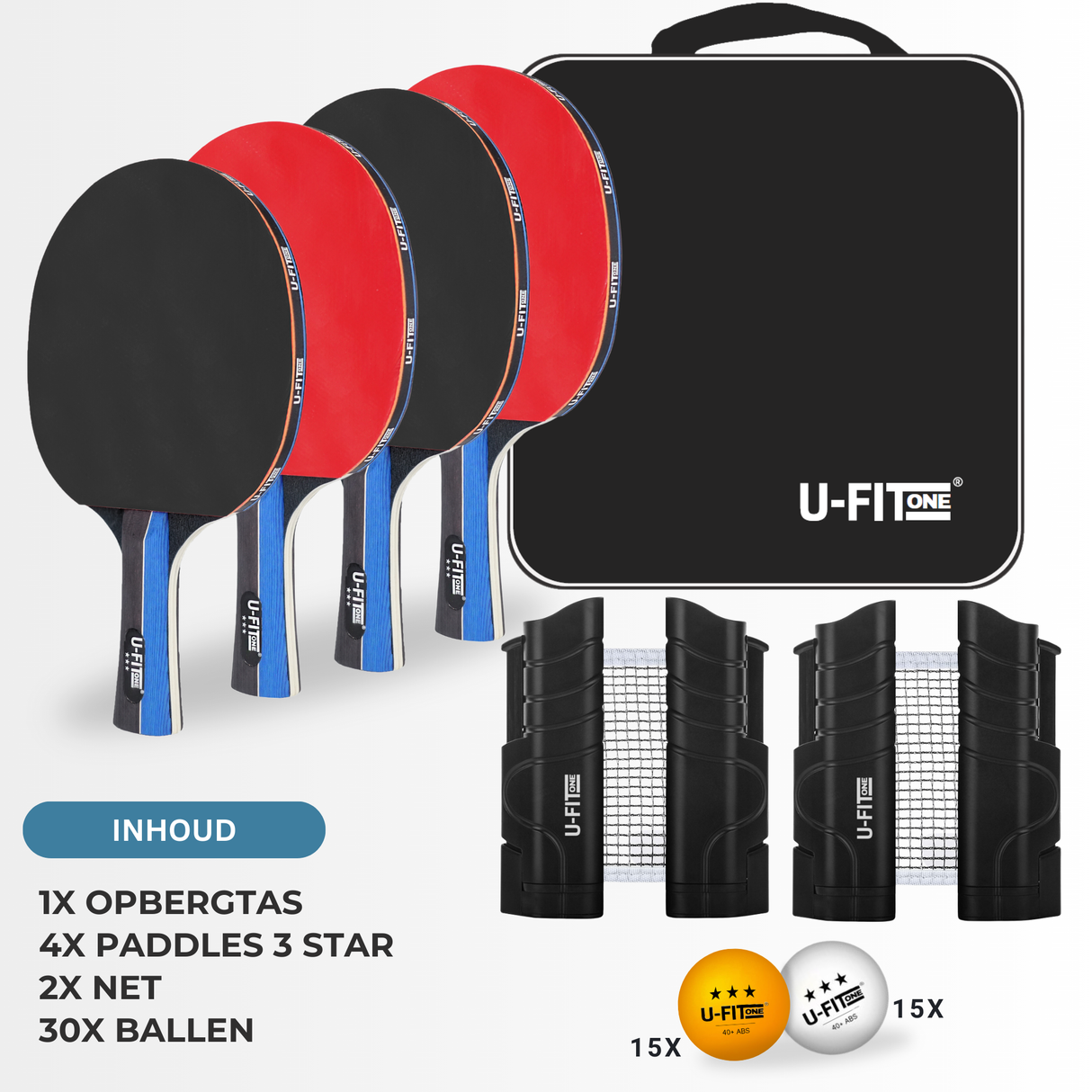 Tafeltennis Set 4 Stuks 3 Star + 30ballen + Net