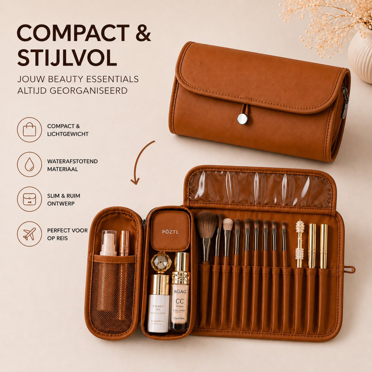 Make Up Tas met Borstelhouder Bruin