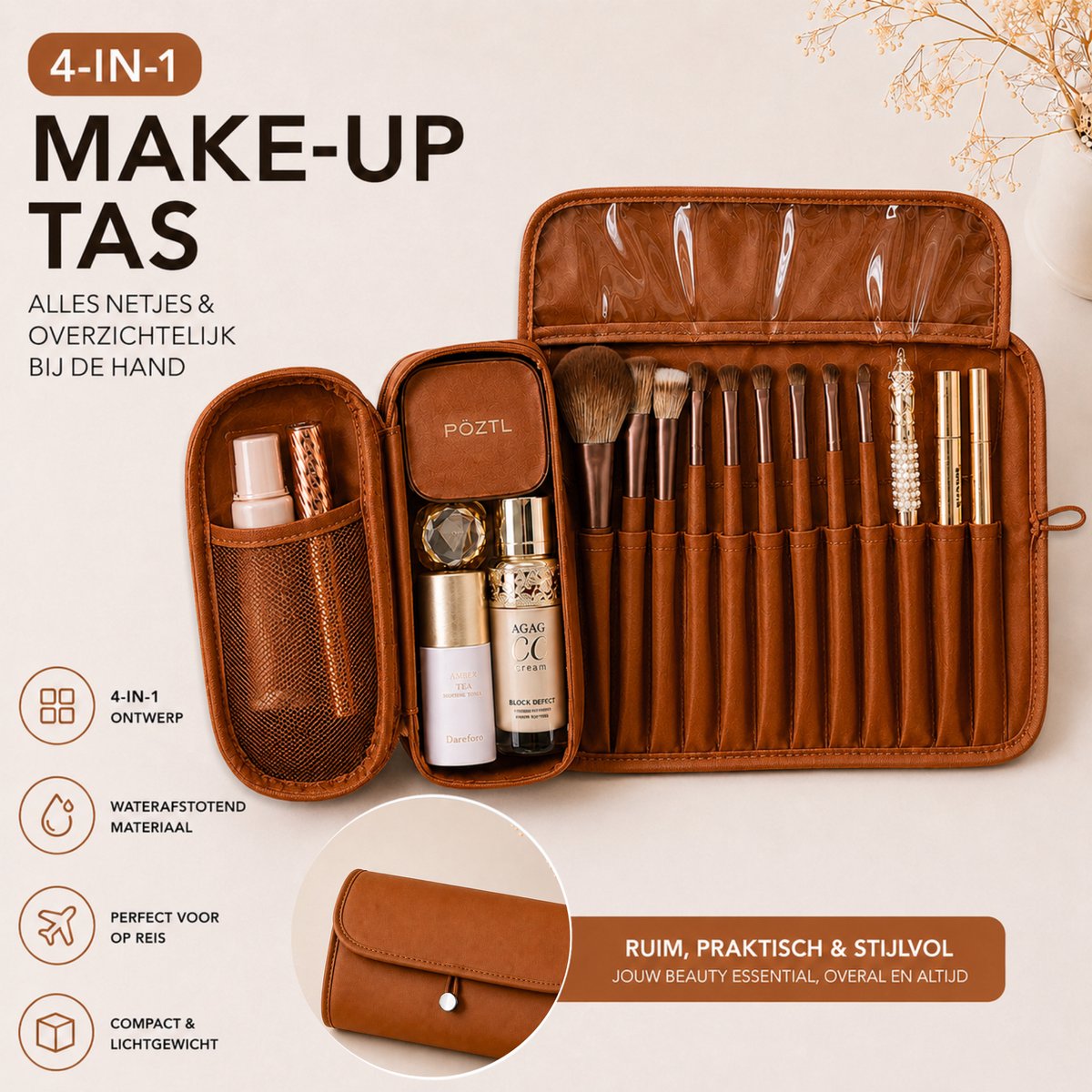Make Up Tas met Borstelhouder Bruin