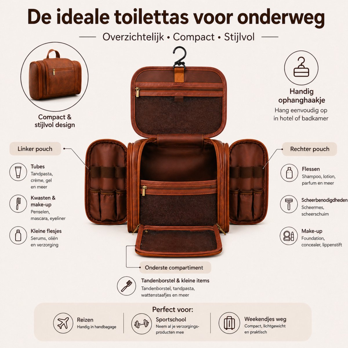 Kunstleren Toilettas Cognac Bruin