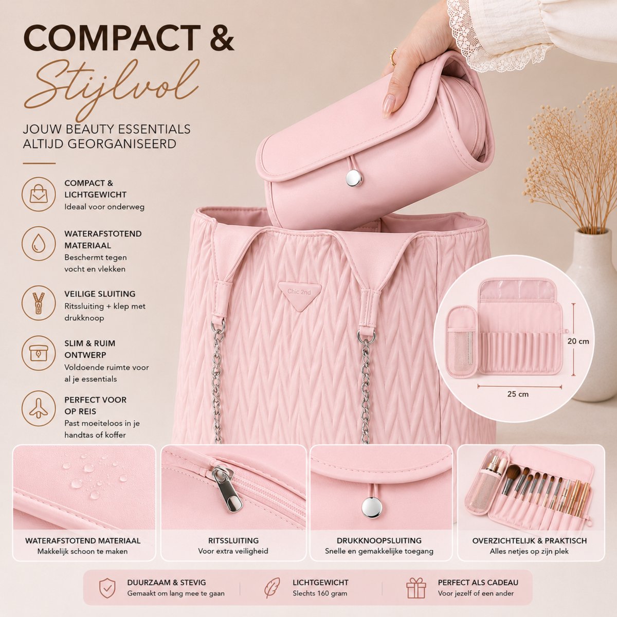 Make Up Tas met Borstelhouder Roze