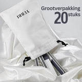 White drawstring bags with black text on a white background